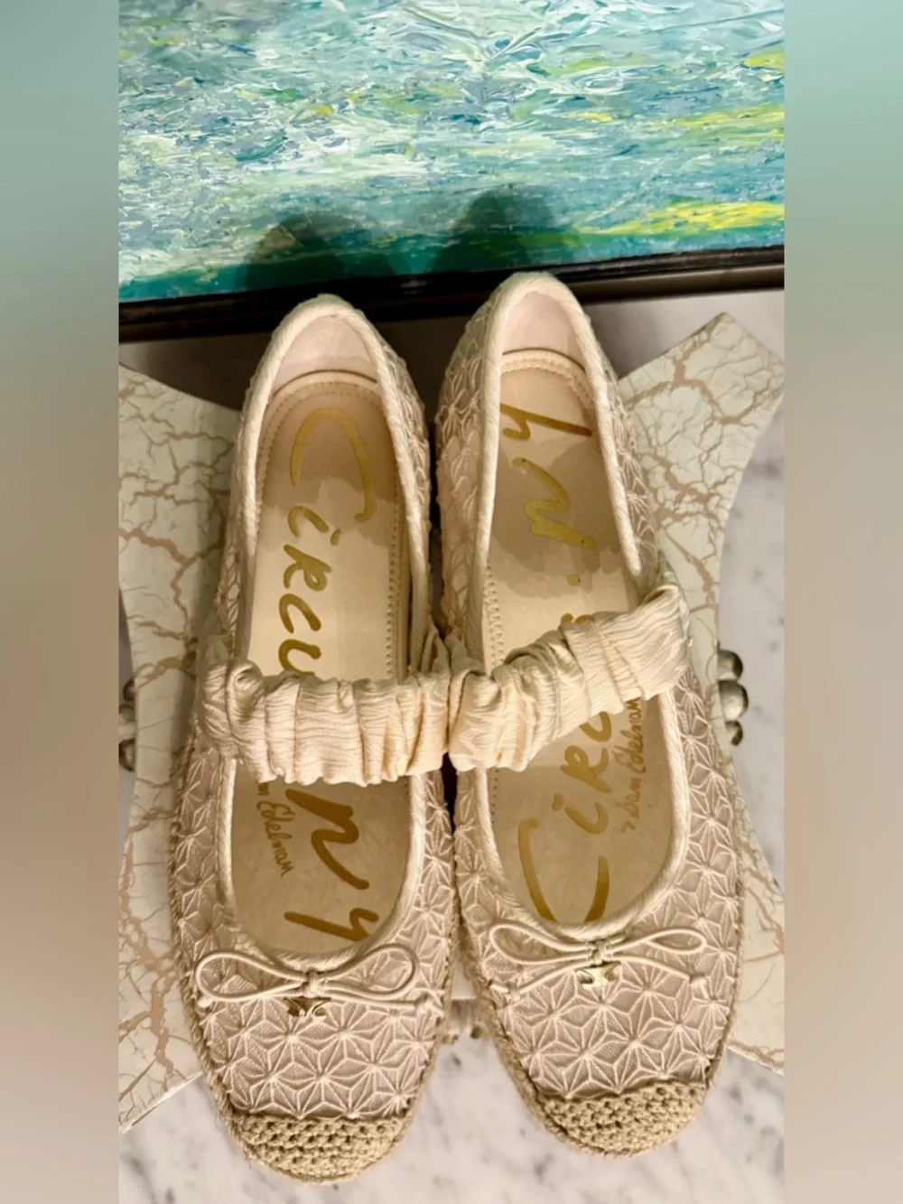Circus NY Women's Cream Lace Espadrille Platform Flats with Bow